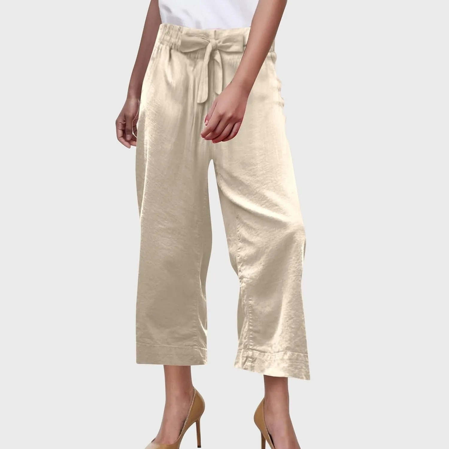 PTOLOCIF Cotton Linen Pants Women Culottes Pants Elastic High Waist Wide Leg Palazzo Trousers Straight Leg Pant with Pockets
