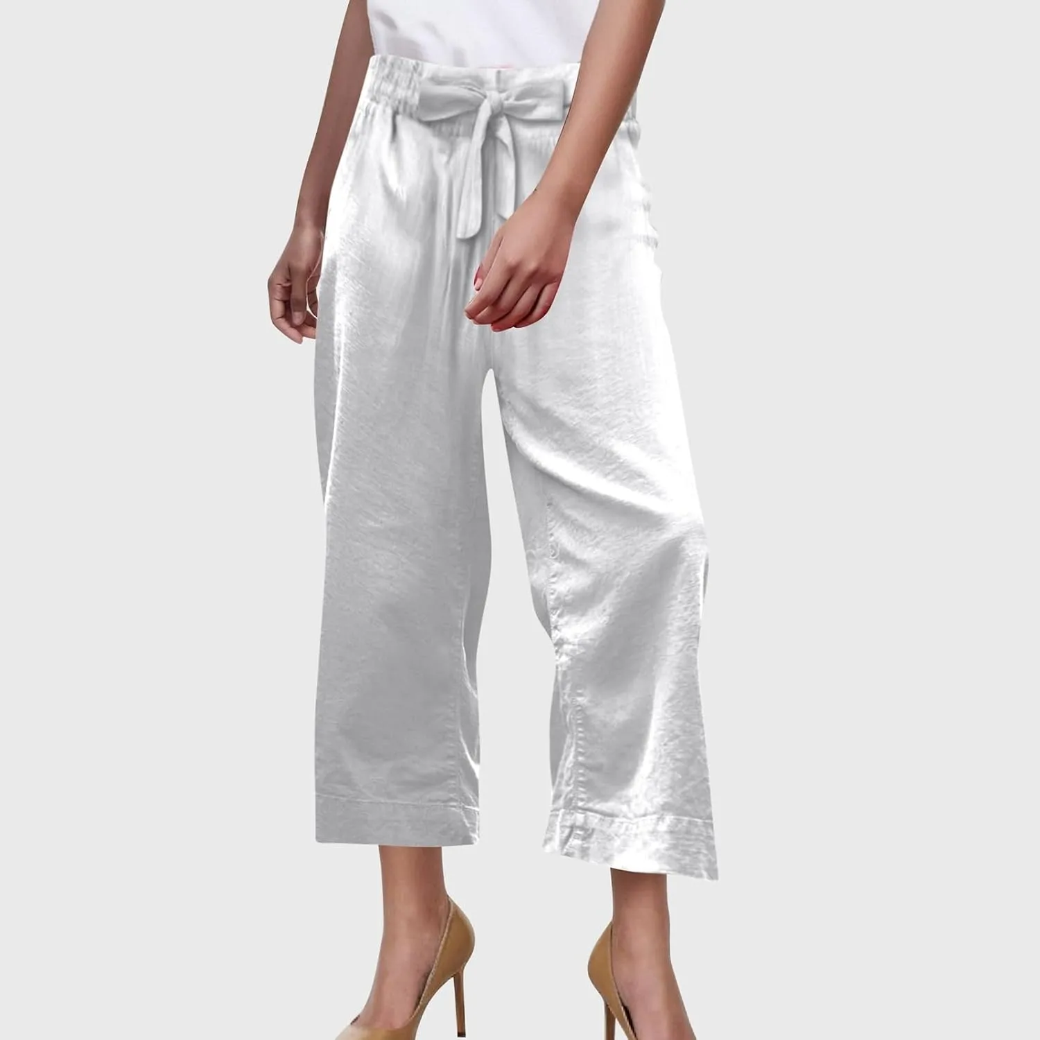 PTOLOCIF Cotton Linen Pants Women Culottes Pants Elastic High Waist Wide Leg Palazzo Trousers Straight Leg Pant with Pockets
