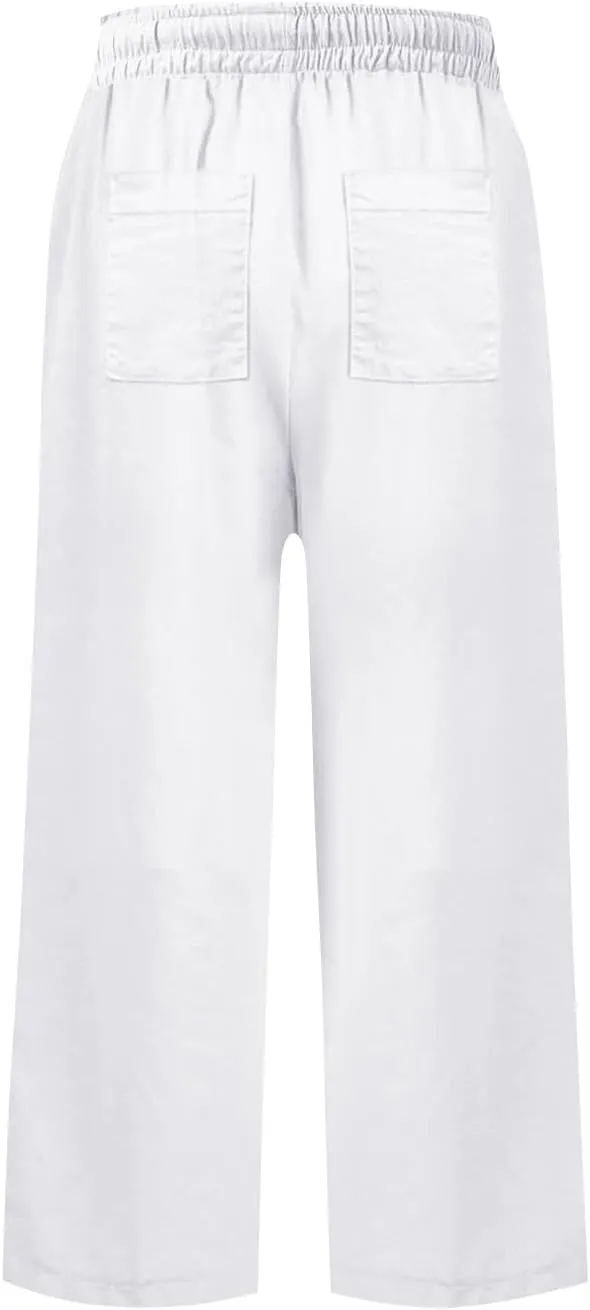 PTOLOCIF Cotton Linen Pants Women Culottes Pants Elastic High Waist Wide Leg Palazzo Trousers Straight Leg Pant with Pockets