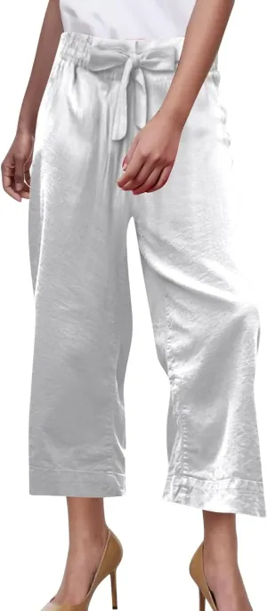 PTOLOCIF Cotton Linen Pants Women Culottes Pants Elastic High Waist Wide Leg Palazzo Trousers Straight Leg Pant with Pockets