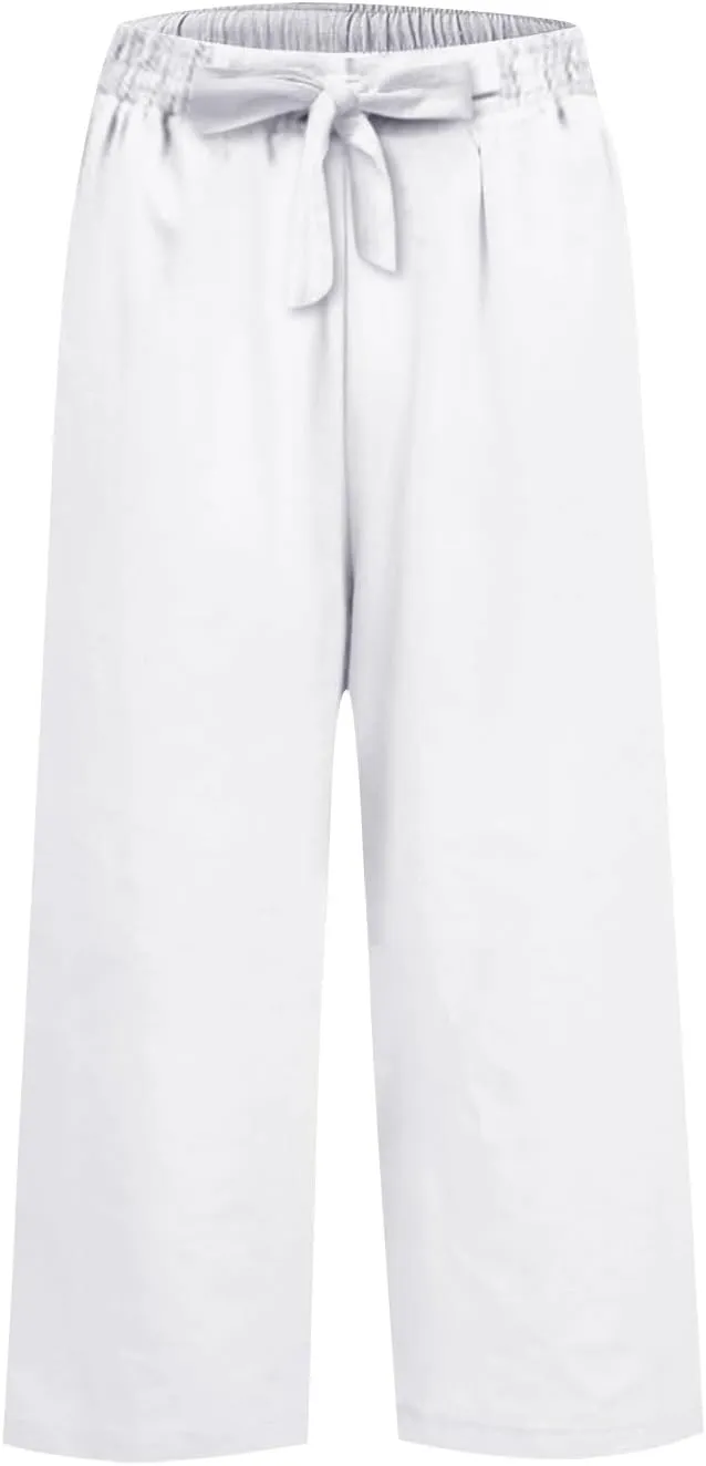 PTOLOCIF Cotton Linen Pants Women Culottes Pants Elastic High Waist Wide Leg Palazzo Trousers Straight Leg Pant with Pockets