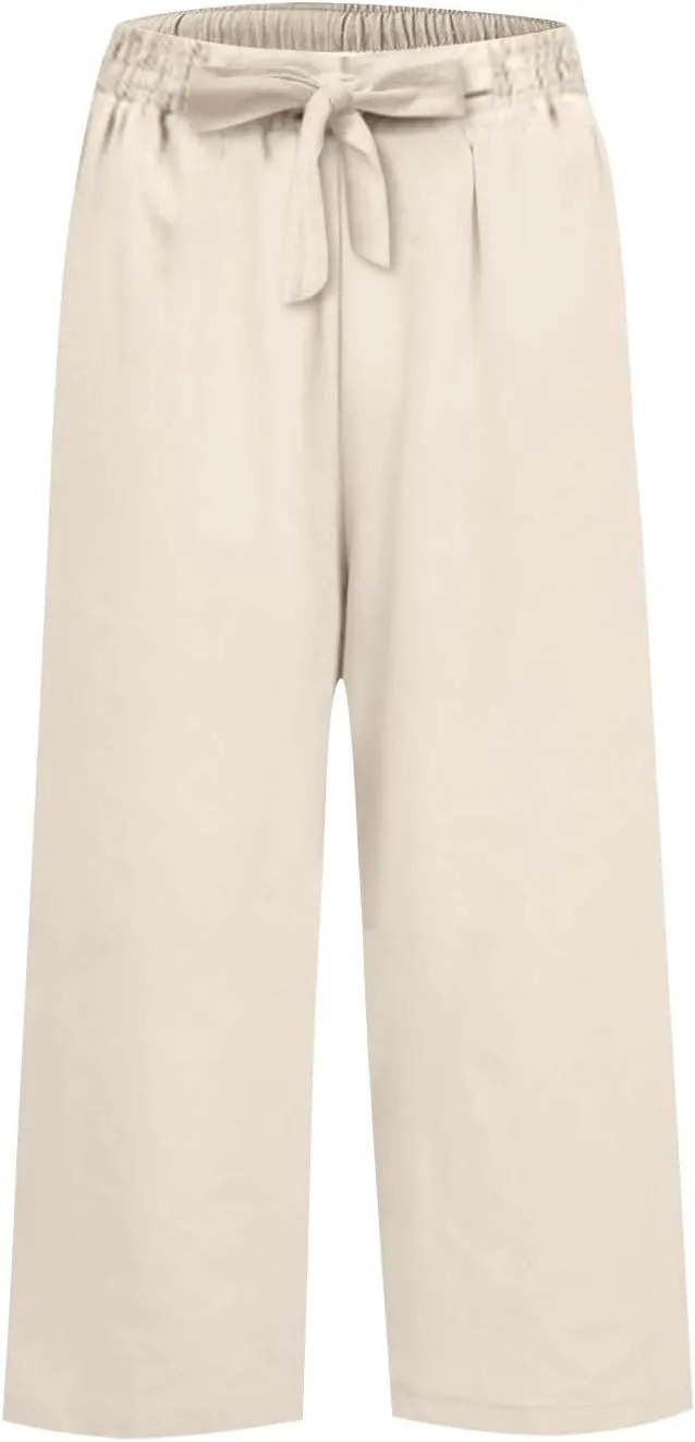 PTOLOCIF Cotton Linen Pants Women Culottes Pants Elastic High Waist Wide Leg Palazzo Trousers Straight Leg Pant with Pockets
