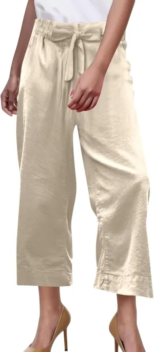 PTOLOCIF Cotton Linen Pants Women Culottes Pants Elastic High Waist Wide Leg Palazzo Trousers Straight Leg Pant with Pockets
