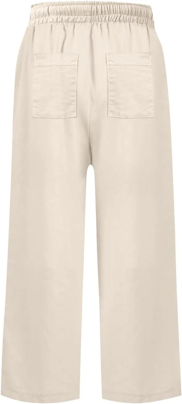 PTOLOCIF Cotton Linen Pants Women Culottes Pants Elastic High Waist Wide Leg Palazzo Trousers Straight Leg Pant with Pockets