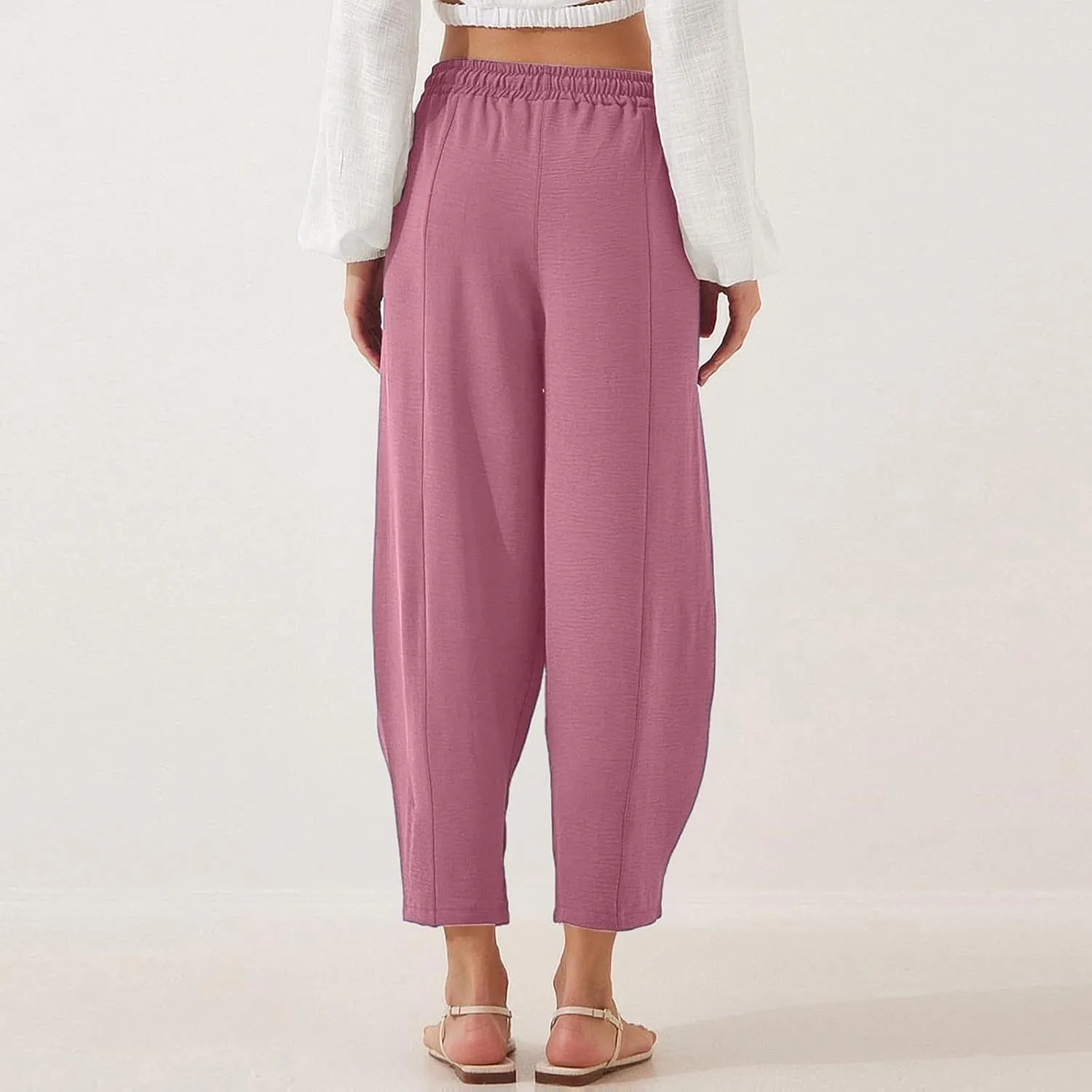 PTOLOCIF Womens Cotton Linen Pants Culottes Pants Elastic High Waist Wide Leg Palazzo Trousers Straight Leg Pant with Pockets