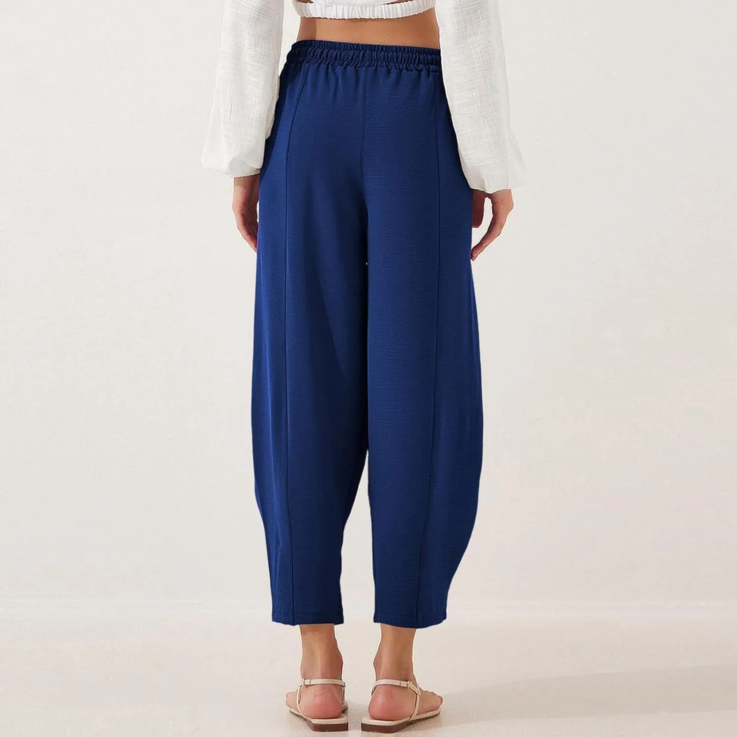 PTOLOCIF Womens Cotton Linen Pants Culottes Pants Elastic High Waist Wide Leg Palazzo Trousers Straight Leg Pant with Pockets
