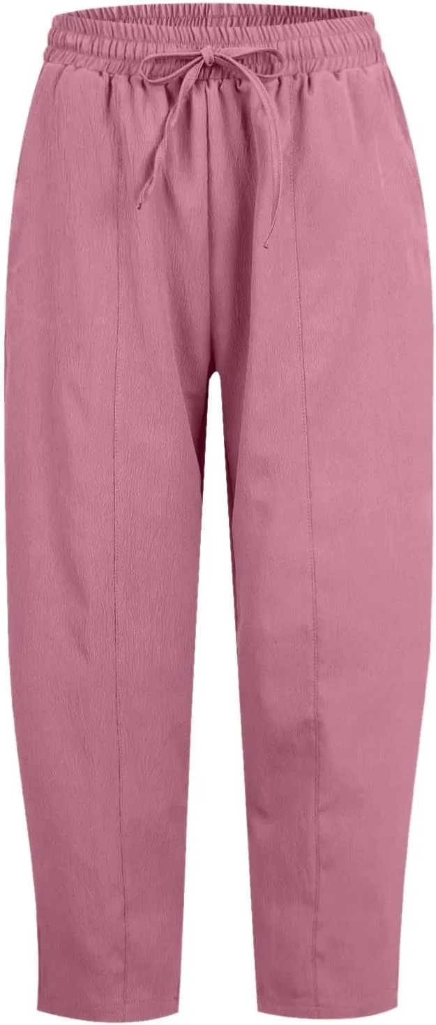 PTOLOCIF Womens Cotton Linen Pants Culottes Pants Elastic High Waist Wide Leg Palazzo Trousers Straight Leg Pant with Pockets