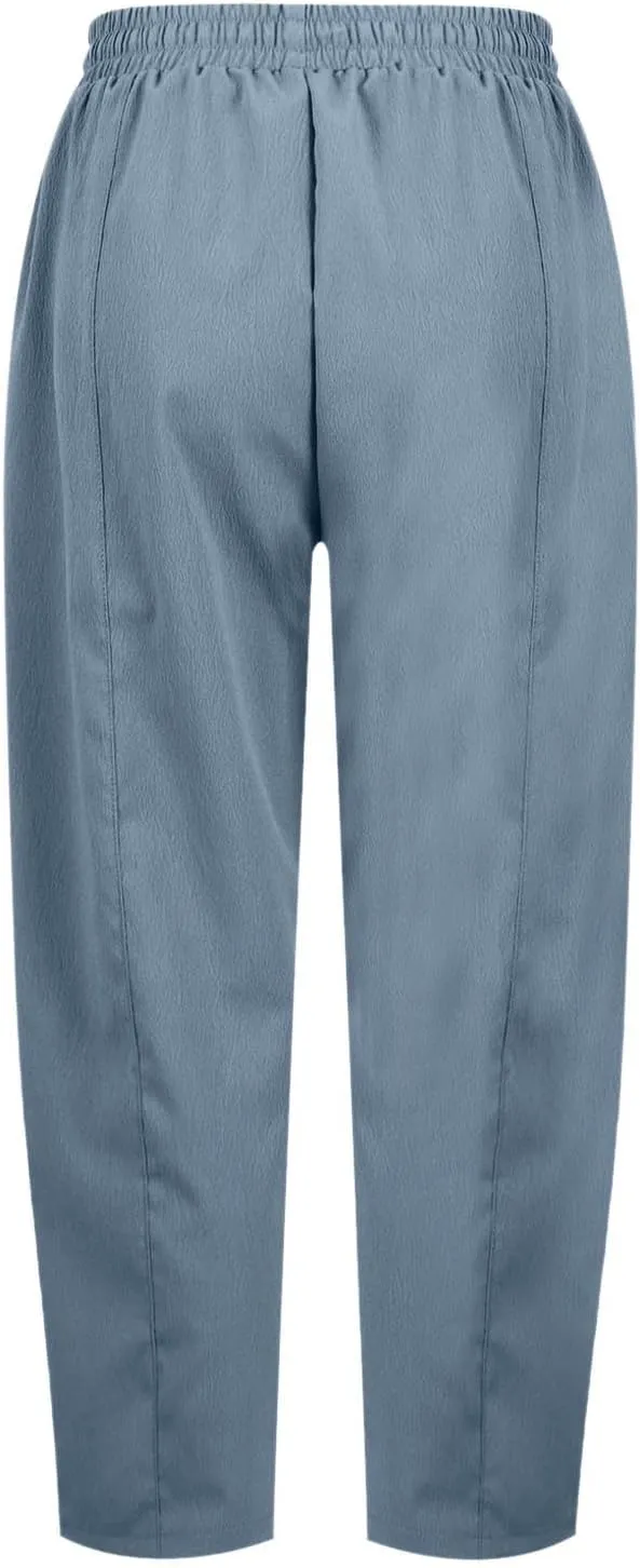 PTOLOCIF Womens Cotton Linen Pants Culottes Pants Elastic High Waist Wide Leg Palazzo Trousers Straight Leg Pant with Pockets