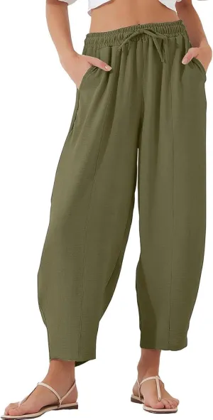 PTOLOCIF Womens Cotton Linen Pants Culottes Pants Elastic High Waist Wide Leg Palazzo Trousers Straight Leg Pant with Pockets