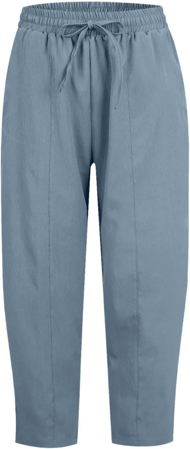 PTOLOCIF Womens Cotton Linen Pants Culottes Pants Elastic High Waist Wide Leg Palazzo Trousers Straight Leg Pant with Pockets