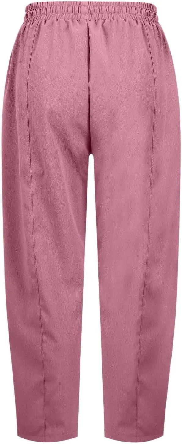 PTOLOCIF Womens Cotton Linen Pants Culottes Pants Elastic High Waist Wide Leg Palazzo Trousers Straight Leg Pant with Pockets