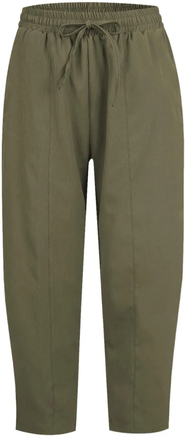 PTOLOCIF Womens Cotton Linen Pants Culottes Pants Elastic High Waist Wide Leg Palazzo Trousers Straight Leg Pant with Pockets