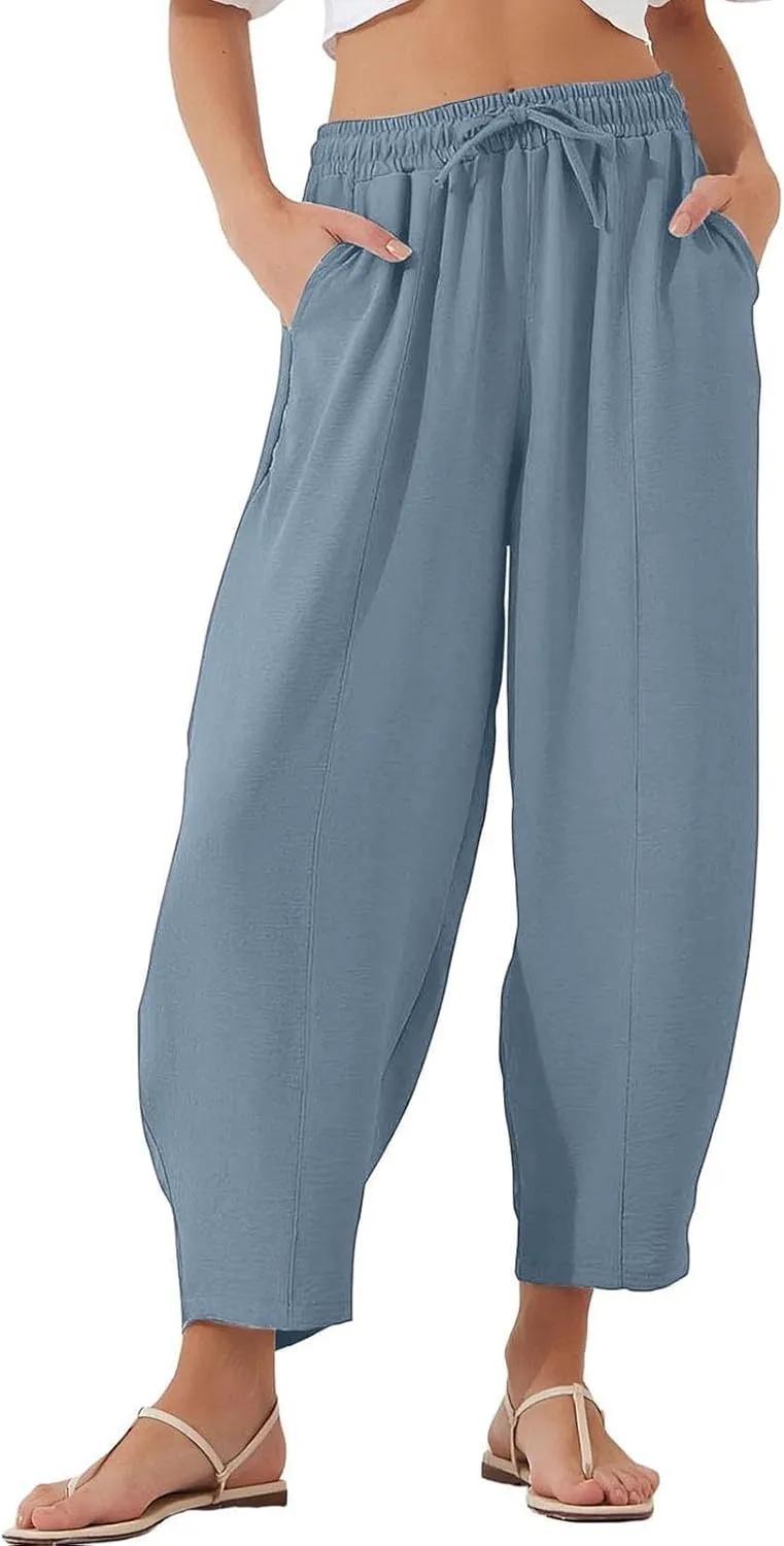 PTOLOCIF Womens Cotton Linen Pants Culottes Pants Elastic High Waist Wide Leg Palazzo Trousers Straight Leg Pant with Pockets