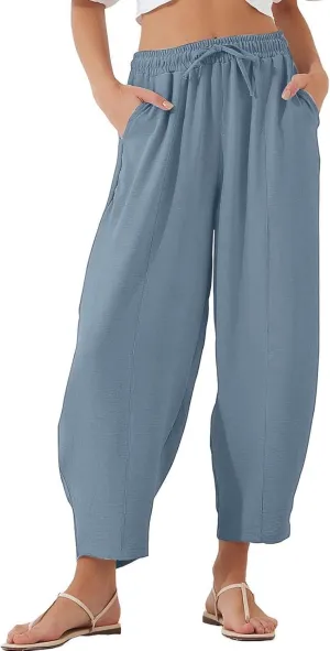 PTOLOCIF Womens Cotton Linen Pants Culottes Pants Elastic High Waist Wide Leg Palazzo Trousers Straight Leg Pant with Pockets