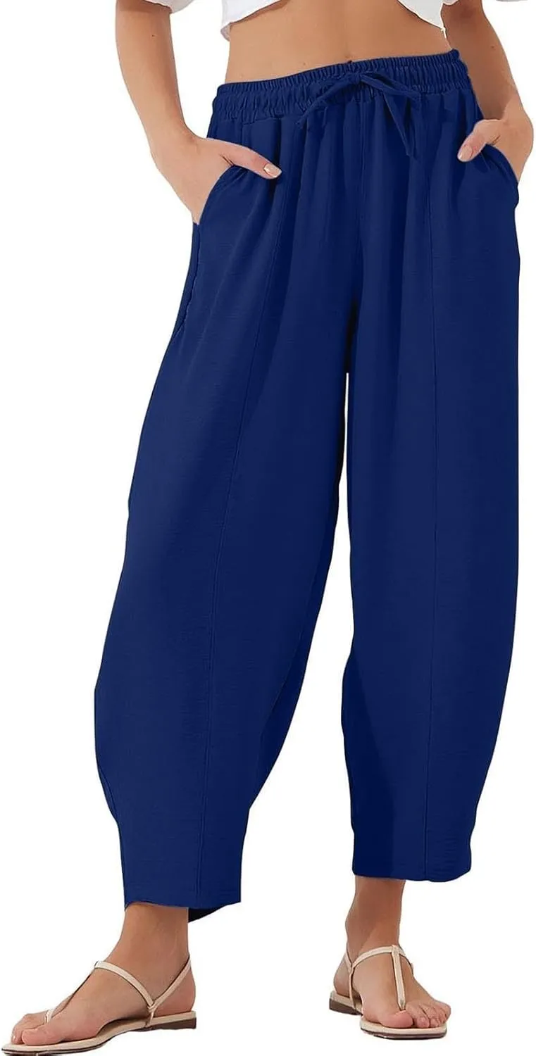 PTOLOCIF Womens Cotton Linen Pants Culottes Pants Elastic High Waist Wide Leg Palazzo Trousers Straight Leg Pant with Pockets