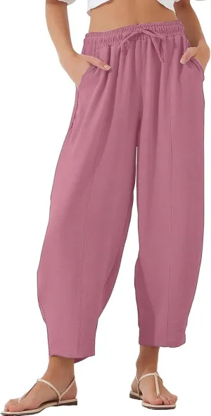 PTOLOCIF Womens Cotton Linen Pants Culottes Pants Elastic High Waist Wide Leg Palazzo Trousers Straight Leg Pant with Pockets