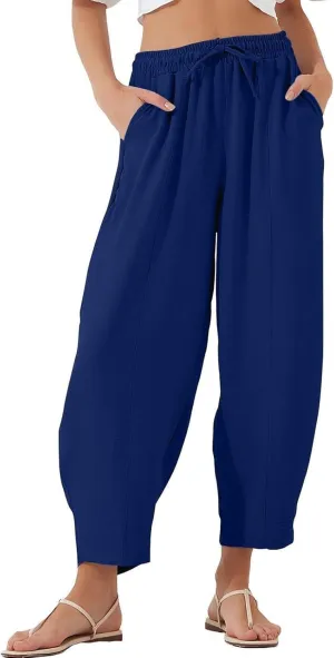 PTOLOCIF Womens Cotton Linen Pants Culottes Pants Elastic High Waist Wide Leg Palazzo Trousers Straight Leg Pant with Pockets