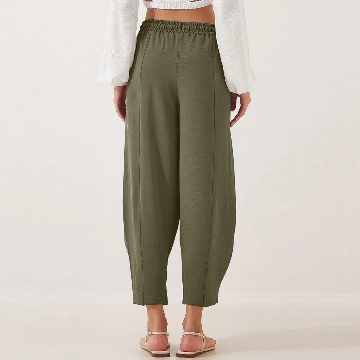 PTOLOCIF Womens Cotton Linen Pants Culottes Pants Elastic High Waist Wide Leg Palazzo Trousers Straight Leg Pant with Pockets