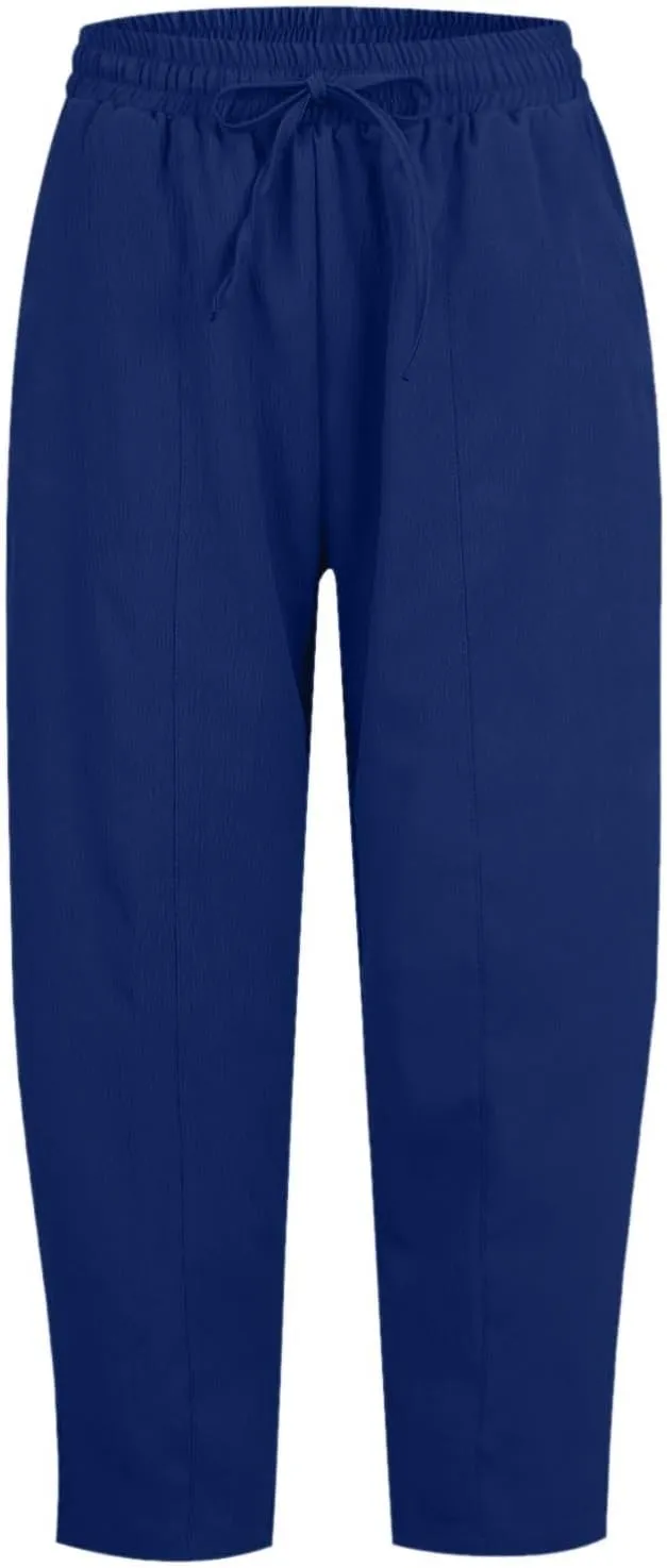 PTOLOCIF Womens Cotton Linen Pants Culottes Pants Elastic High Waist Wide Leg Palazzo Trousers Straight Leg Pant with Pockets