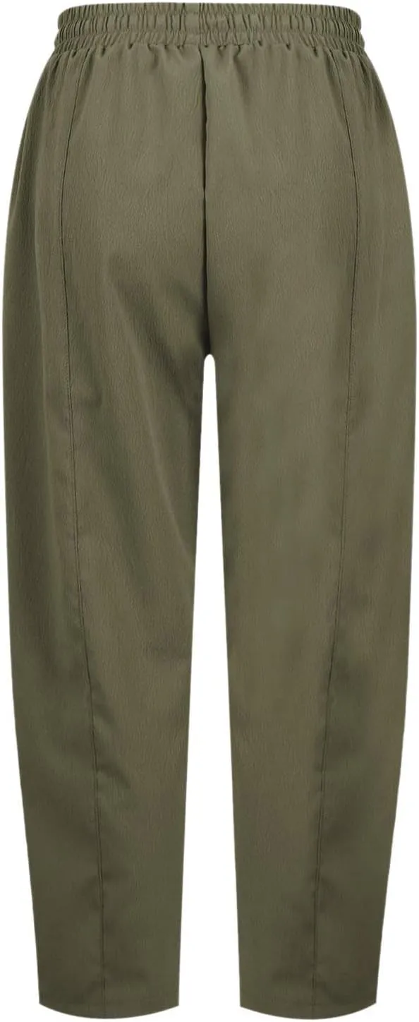 PTOLOCIF Womens Cotton Linen Pants Culottes Pants Elastic High Waist Wide Leg Palazzo Trousers Straight Leg Pant with Pockets