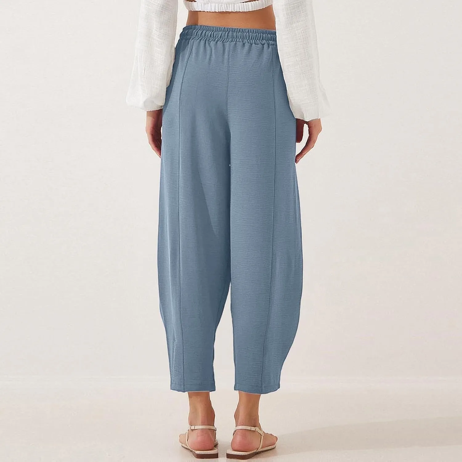 PTOLOCIF Womens Cotton Linen Pants Culottes Pants Elastic High Waist Wide Leg Palazzo Trousers Straight Leg Pant with Pockets
