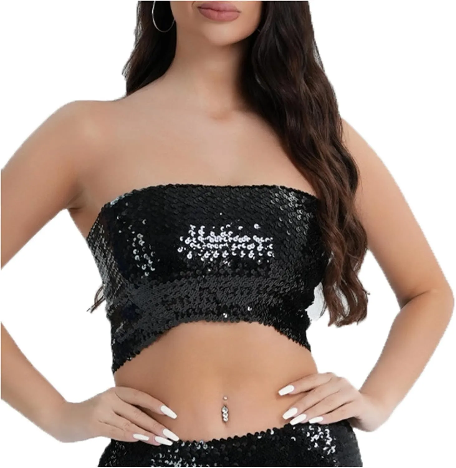 PURFUN Women Sparkly Sequins Crop Top Vintage Rave Camis Dance Top Cosplay Party Music Festival Camisole Night Clubwear