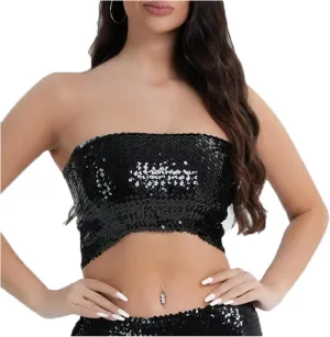 PURFUN Women Sparkly Sequins Crop Top Vintage Rave Camis Dance Top Cosplay Party Music Festival Camisole Night Clubwear