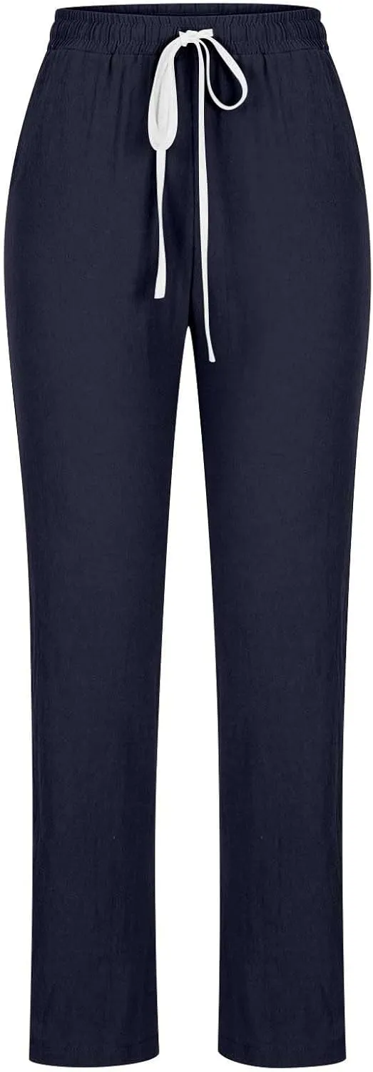 Qeaghou Linen Pants Women Summer Straight Leg Casual Pants Drawstring Elastic High Waist Loose Comfy Trousers with Pockets