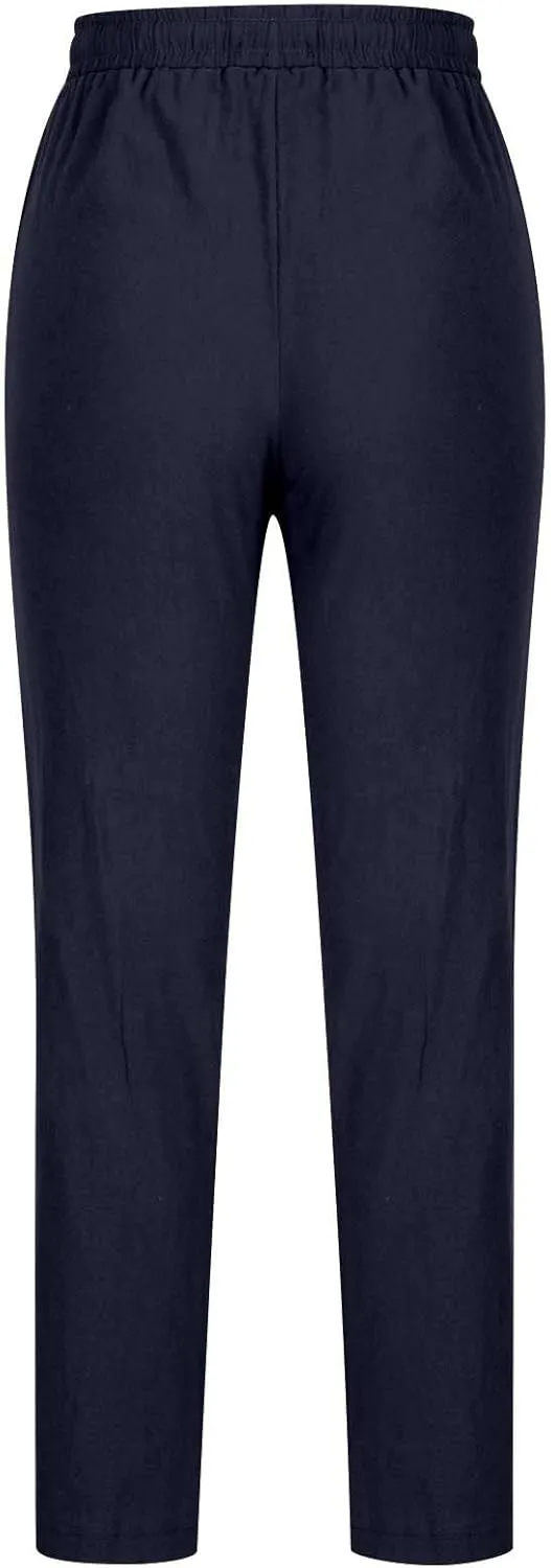 Qeaghou Linen Pants Women Summer Straight Leg Casual Pants Drawstring Elastic High Waist Loose Comfy Trousers with Pockets