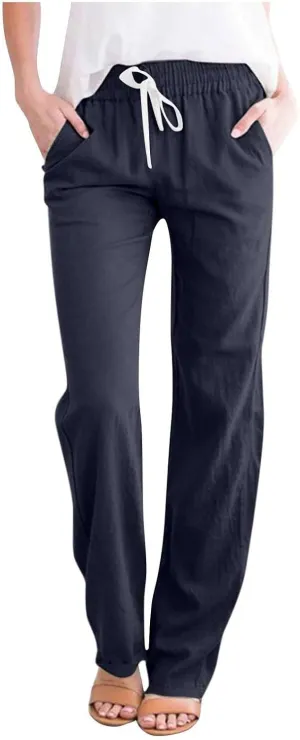 Qeaghou Linen Pants Women Summer Straight Leg Casual Pants Drawstring Elastic High Waist Loose Comfy Trousers with Pockets