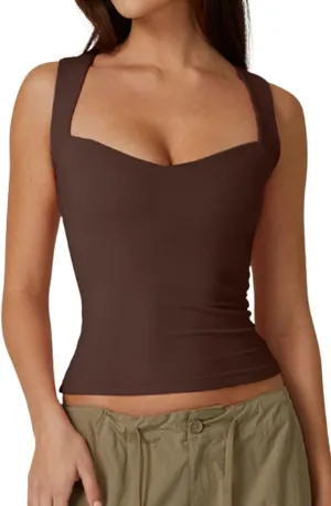 QINSEN Women's Sexy Sweetheart Neck Sleeveless T Shirts Double Lined Tees Slimming Fit Tops