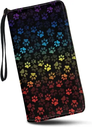 Rainbow Dog Paws Print Zipper Long Wallets for Women Credit Card Holder Clutch PU Leather Wristlet Organizer