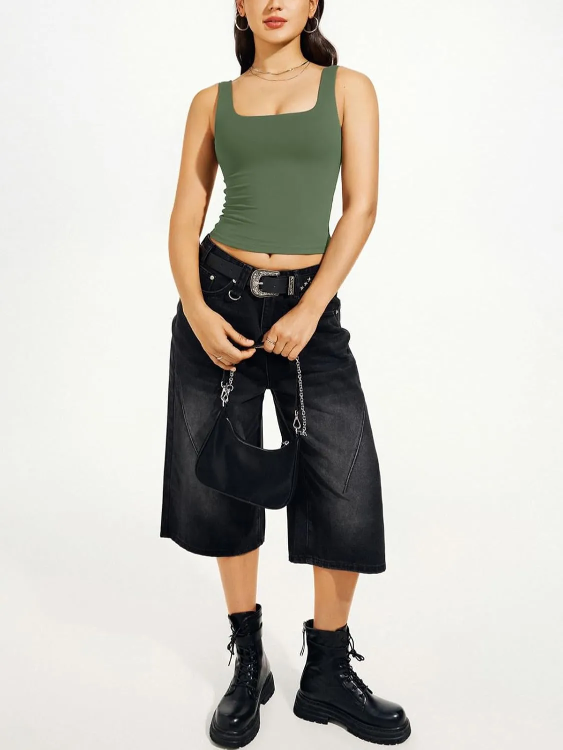 REORIA Butsmooth Women's Square Neck Sleeveless Crop Top Double Lined Stretch Summer Tank Top Casual Going Out Outfit