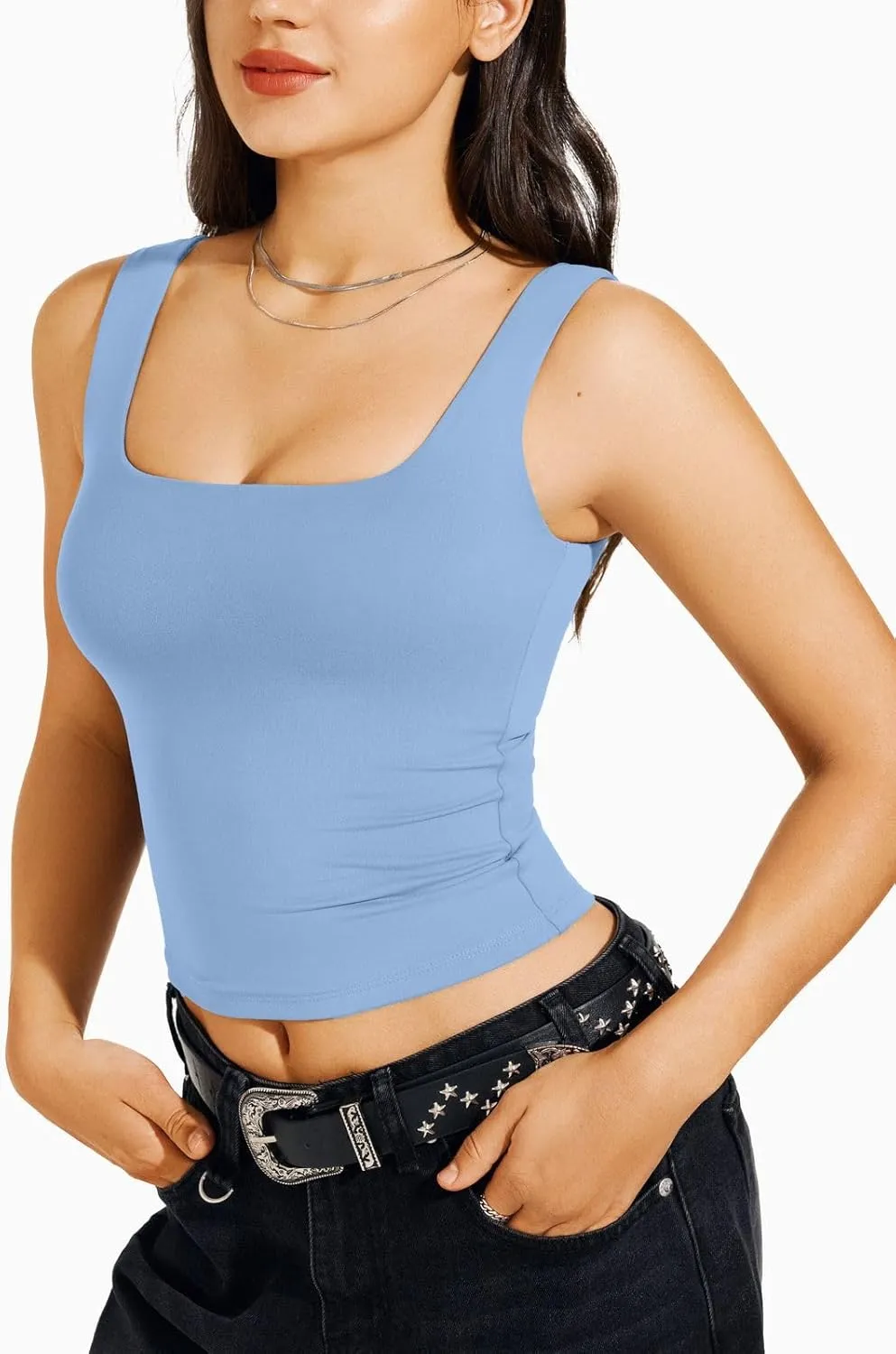REORIA Butsmooth Women's Square Neck Sleeveless Crop Top Double Lined Stretch Summer Tank Top Casual Going Out Outfit