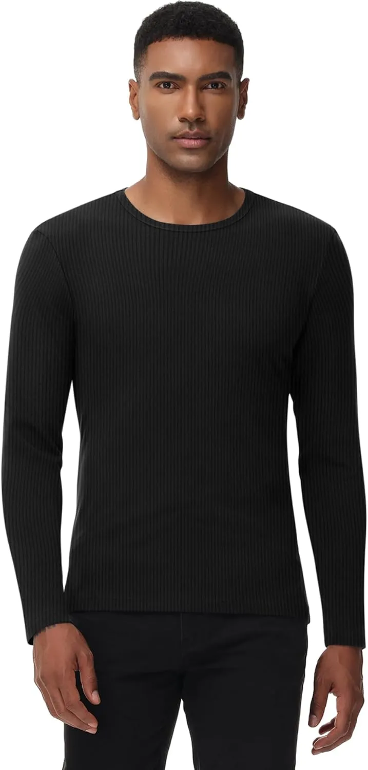 Riyiper 3 Pack Men's Ribbed Thermal Shirts Crew Neck Long Sleeve Tops Winter Stretchy Slim Basic Undershirt