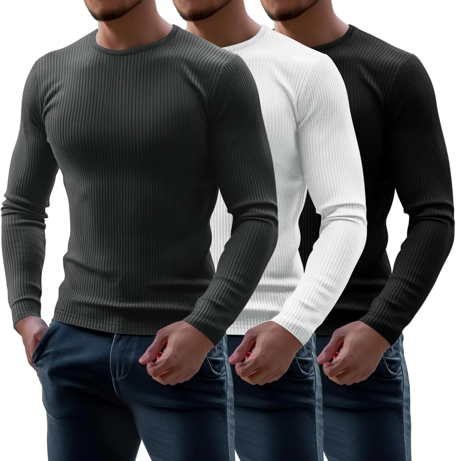 Riyiper 3 Pack Men's Ribbed Thermal Shirts Crew Neck Long Sleeve Tops Winter Stretchy Slim Basic Undershirt