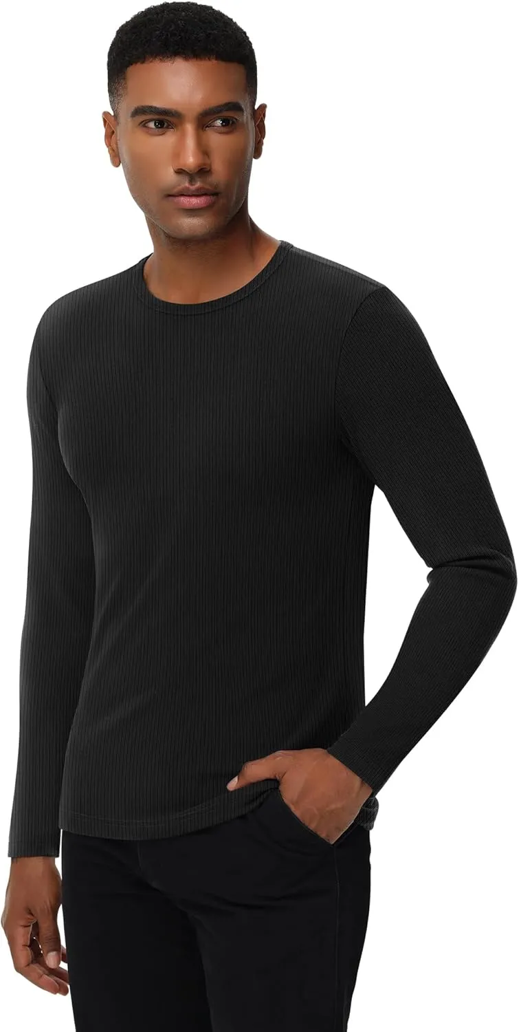 Riyiper 3 Pack Men's Ribbed Thermal Shirts Crew Neck Long Sleeve Tops Winter Stretchy Slim Basic Undershirt