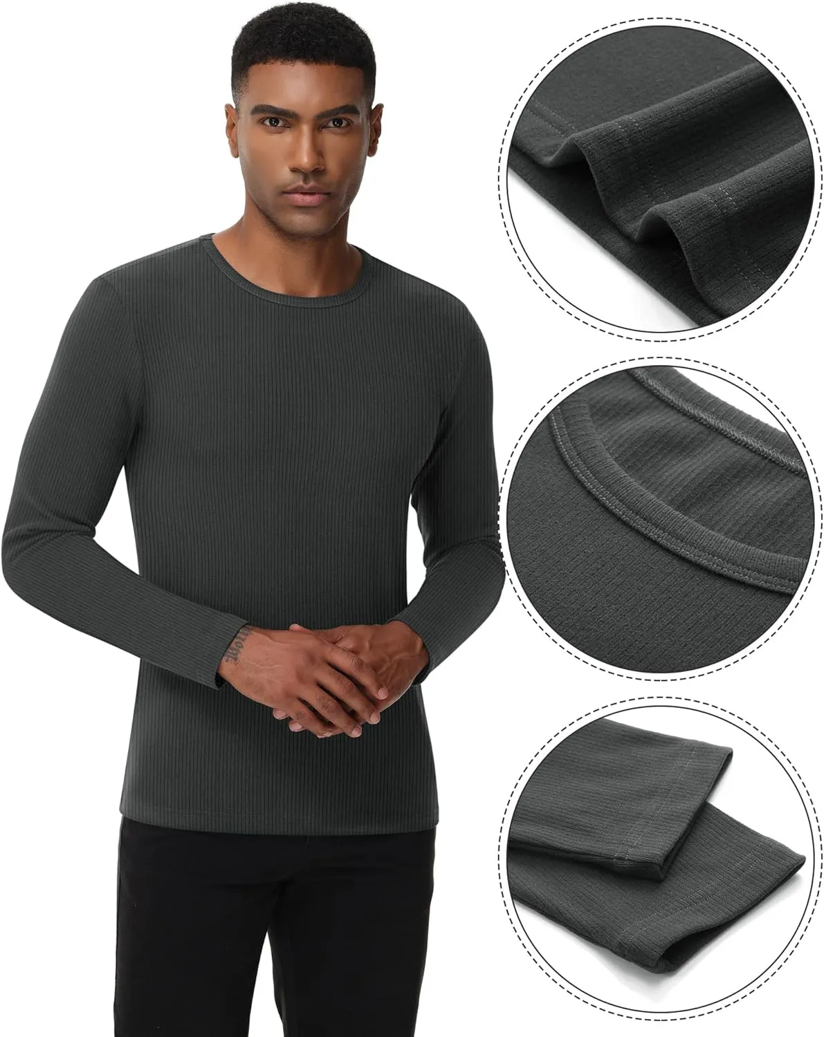 Riyiper 3 Pack Men's Ribbed Thermal Shirts Crew Neck Long Sleeve Tops Winter Stretchy Slim Basic Undershirt