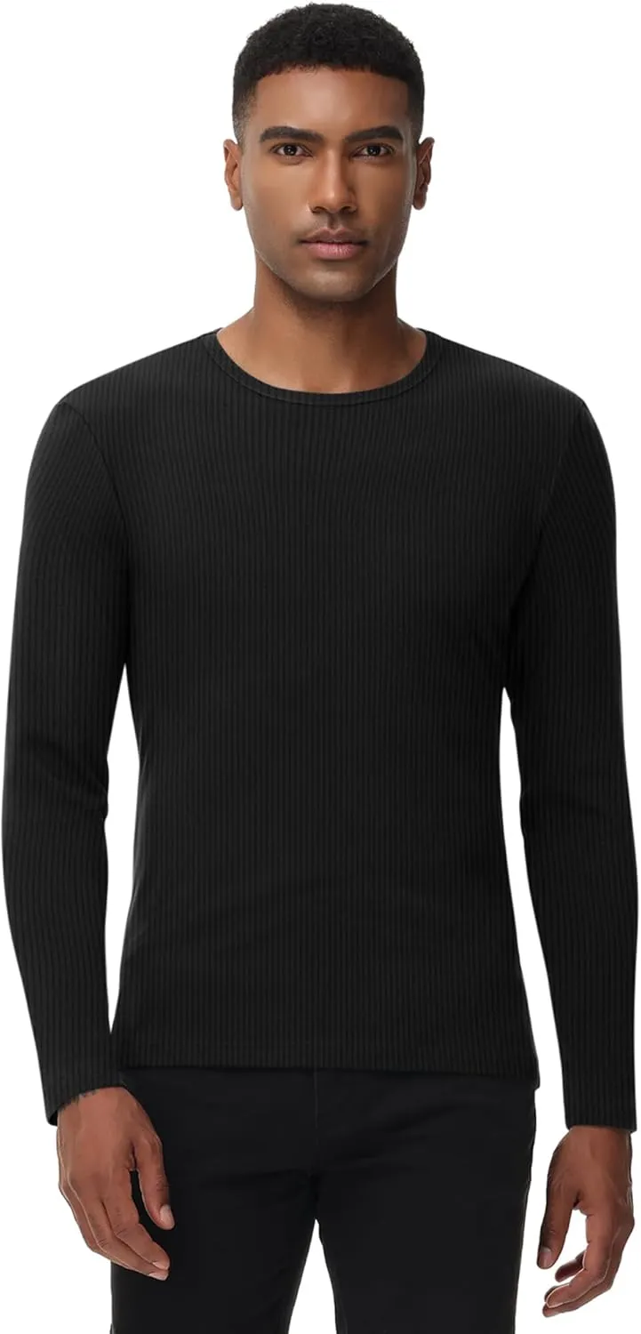 Riyiper 3 Pack Men's Ribbed Thermal Shirts Crew Neck Long Sleeve Tops Winter Stretchy Slim Basic Undershirt
