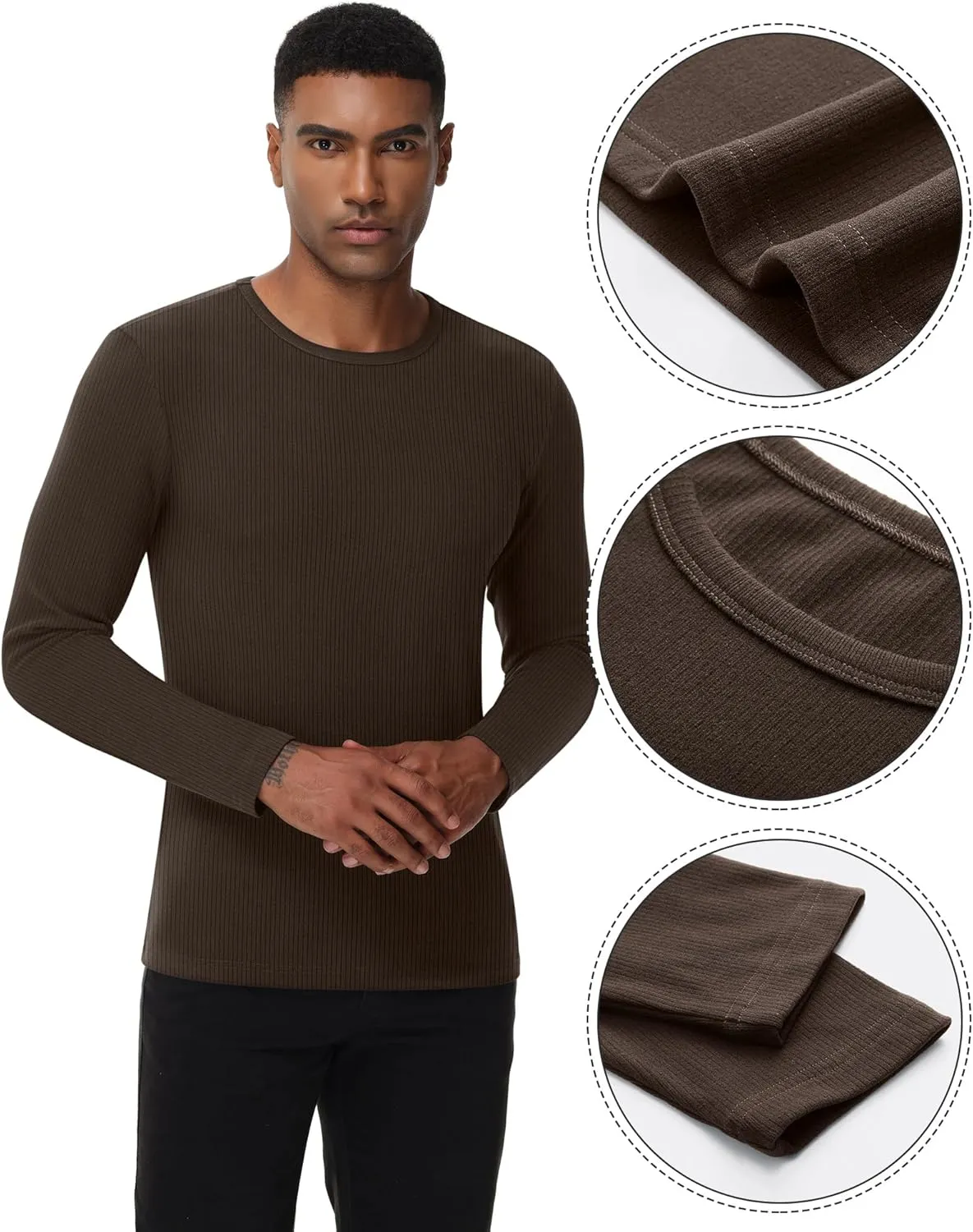 Riyiper 3 Pack Men's Ribbed Thermal Shirts Crew Neck Long Sleeve Tops Winter Stretchy Slim Basic Undershirt