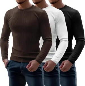 Riyiper 3 Pack Men's Ribbed Thermal Shirts Crew Neck Long Sleeve Tops Winter Stretchy Slim Basic Undershirt