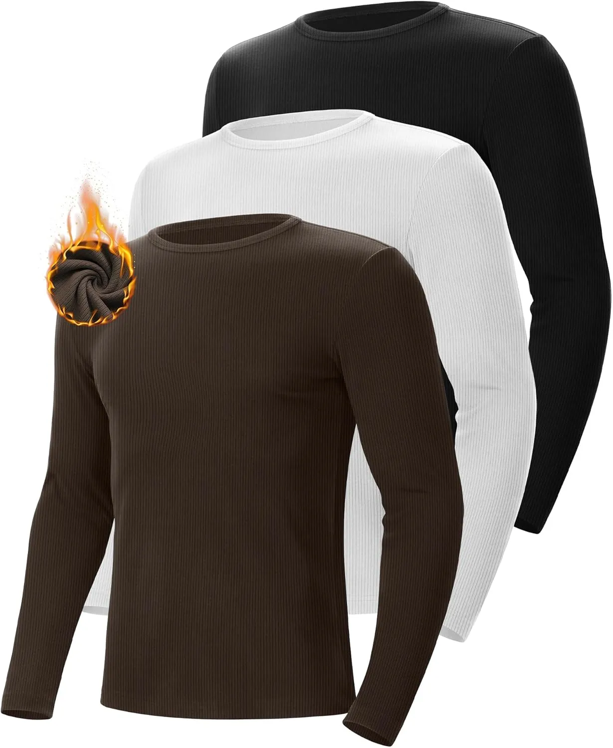 Riyiper 3 Pack Men's Ribbed Thermal Shirts Crew Neck Long Sleeve Tops Winter Stretchy Slim Basic Undershirt