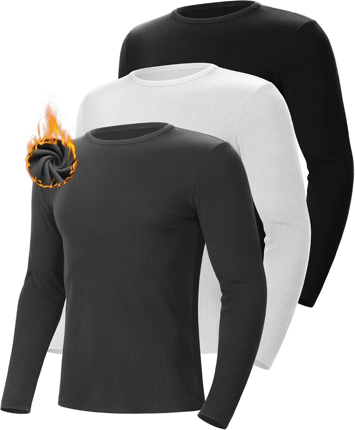 Riyiper 3 Pack Men's Ribbed Thermal Shirts Crew Neck Long Sleeve Tops Winter Stretchy Slim Basic Undershirt