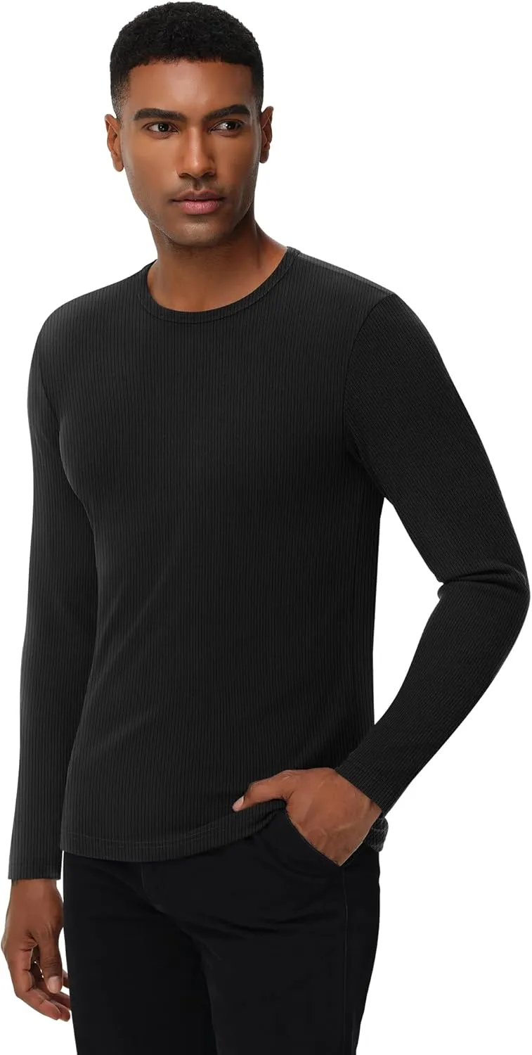 Riyiper 3 Pack Men's Ribbed Thermal Shirts Crew Neck Long Sleeve Tops Winter Stretchy Slim Basic Undershirt