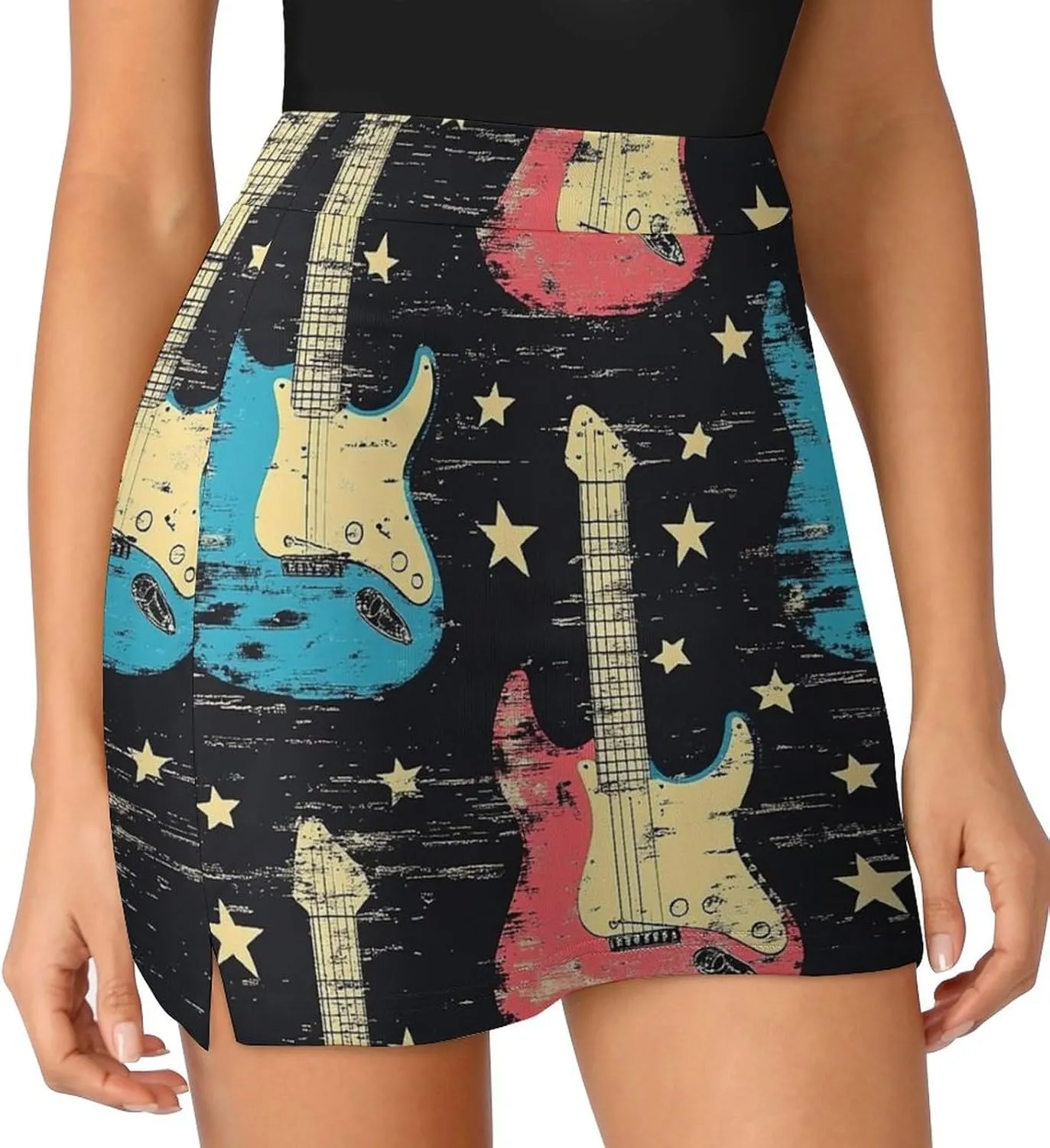 Rock Music with Colorful Guitar Women's Mini Tennis Skirt with Shorts Underneath Athletic Workout Cute Skorts