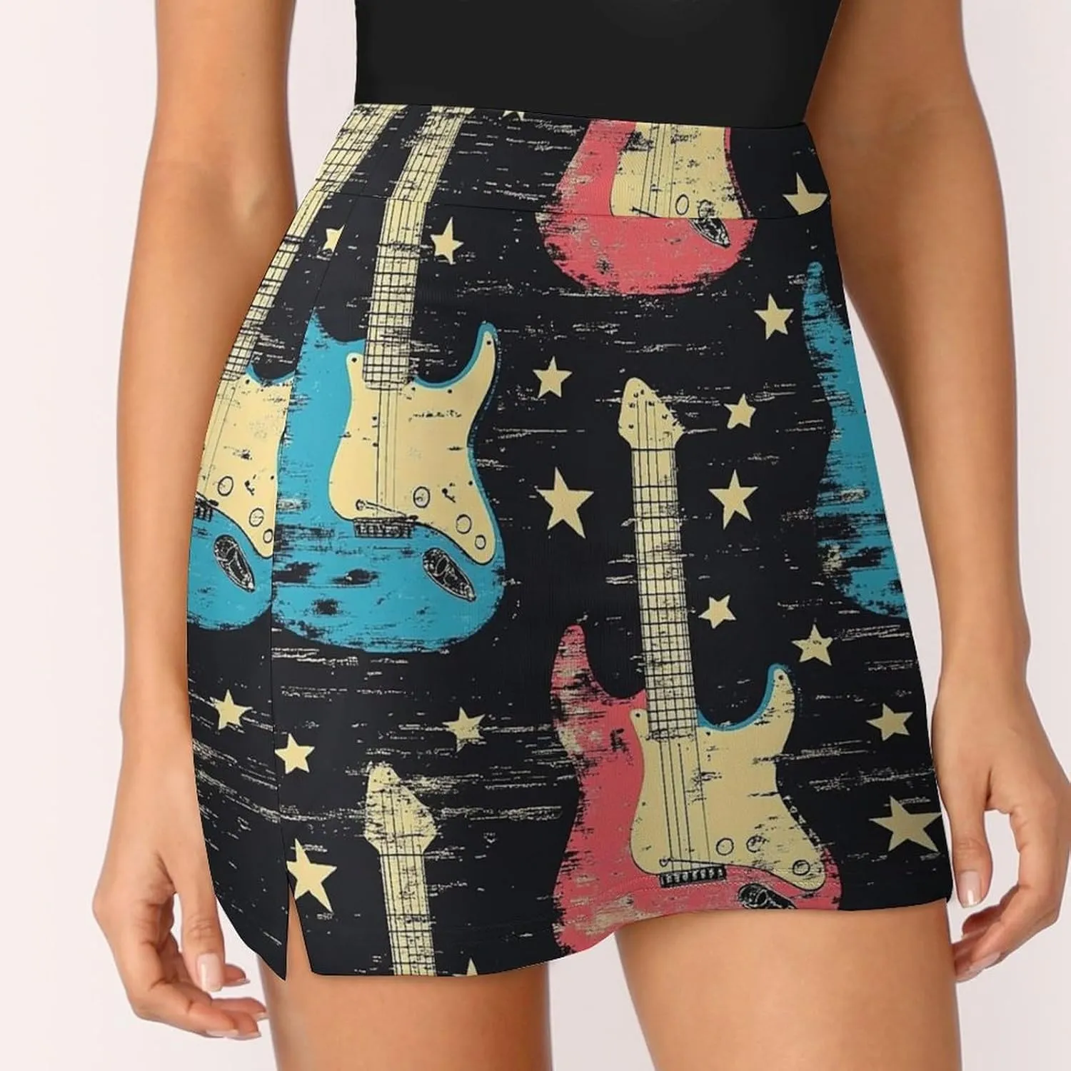 Rock Music with Colorful Guitar Women's Mini Tennis Skirt with Shorts Underneath Athletic Workout Cute Skorts