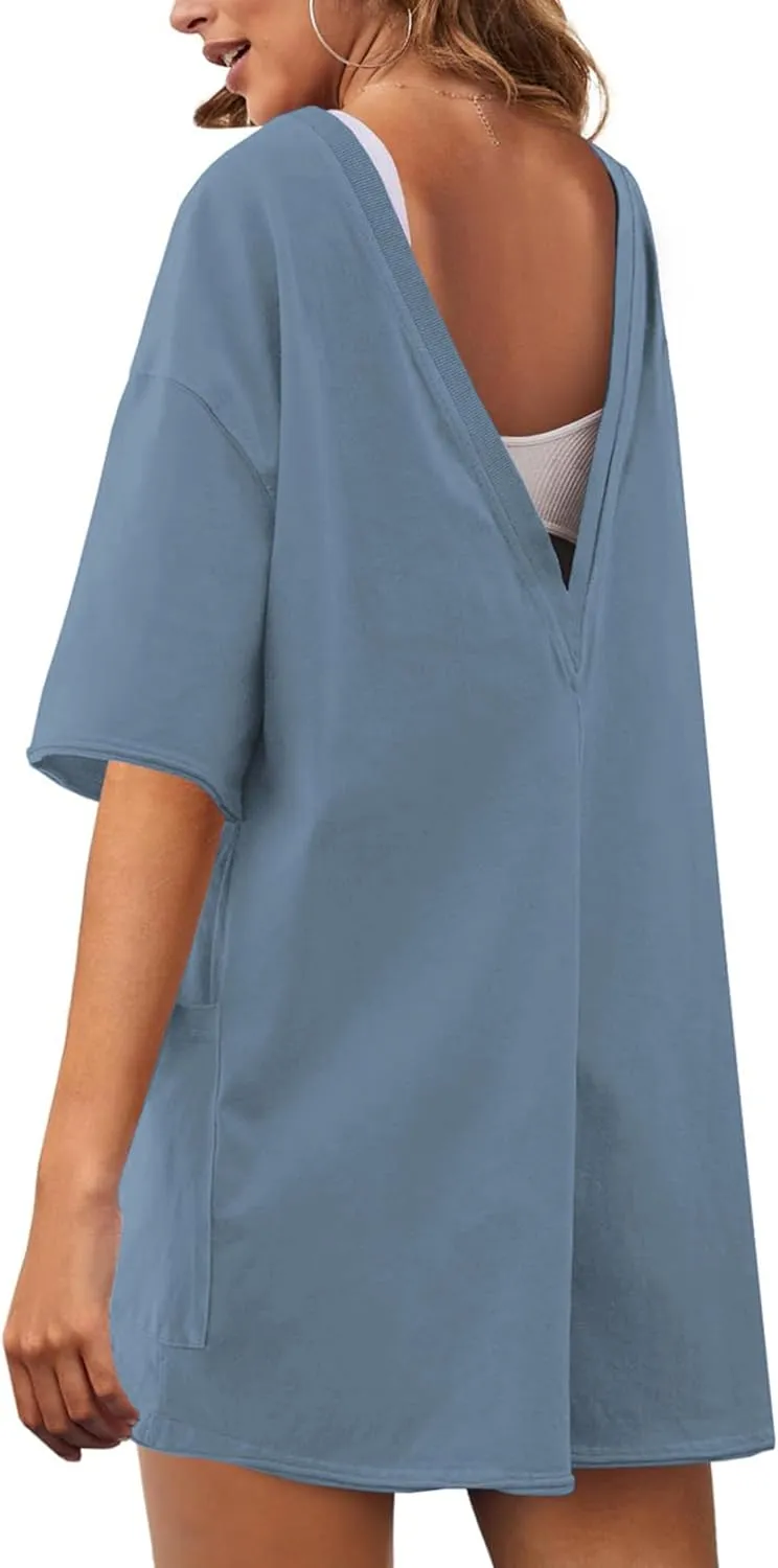 Rompers for Women Hot Shot Tee Romper Casual Short Sleeve Oversized Athletic Workout Reversible Jumpsuit with Pocket