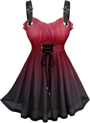 ROSE GAL Rosegal Plus Size Summer Tank Top for Women Ruffles Lace-up Ombre Mesh Babydoll Tank Top