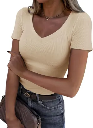 Roselux Women V Neck Ribbed Fitted Tight Tshirt Short Sleeve Shirt Basic Knit Top