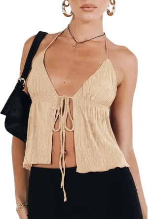 RUEWEY Women Y2K Backless Crop Top Vintage Sexy Tie Up Halter Deep V Neck Spaghetti Strap Cami Top Streetwear